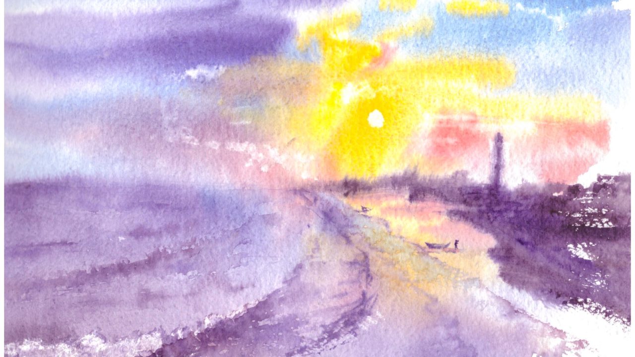 نقاشی طلوع میان بنفش ساحلی